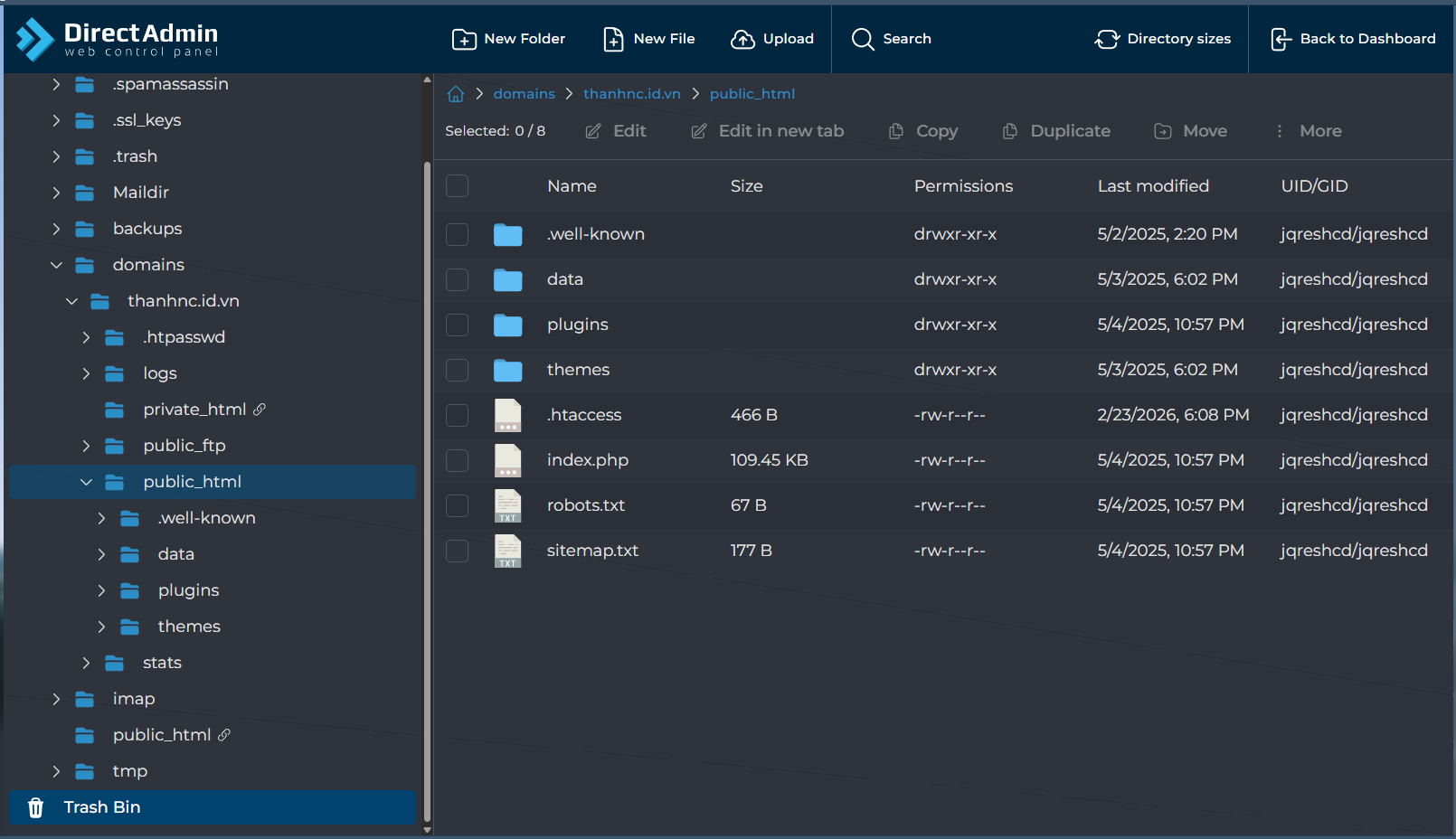Hình ảnh File Explorer của DirectAdmin