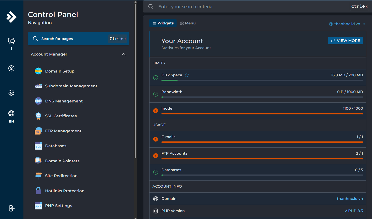 Hình ảnh của DirectAdmin giới hạn inode